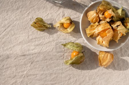 Photo for Physalis berries on plate, on beige table background in bright sunlight, top view, copy space. - Royalty Free Image