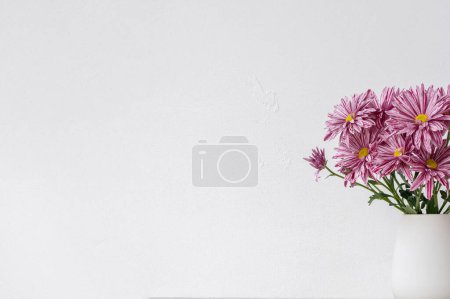 Photo for Pink chrysanthemum flowers bouquet in vase isolated on neutral white wall background empty copy space, minimalist aesthetic floral backdrop. - Royalty Free Image