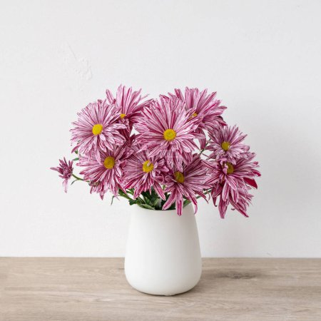 Pink chrysanthemum flowers bouquet in white vase on beige wooden table, white wall background, minimal aesthetic floral decor, square design for business branding blog, social media.