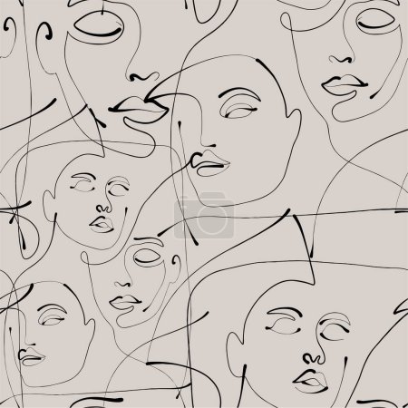 Ilustración de Dibujo de línea de patrón sin costuras de mujeres con diferentes caras. - Imagen libre de derechos