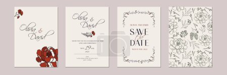 Ilustración de Conjunto de invitación y diseño de tarjeta universal con corona floral. Plantillas de boda. - Imagen libre de derechos