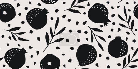 Illustration for Vector seamless pattern with pomegranate fruits and seeds. Modern floral print. Seamless pattern. Hand-drawn style. - Royalty Free Image