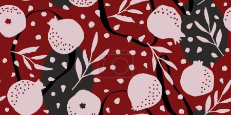 Illustration for Vector seamless pattern with pomegranate fruits and seeds. Modern floral print. Seamless pattern. Hand drawn style. - Royalty Free Image