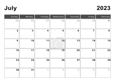 Juillet 2023 calendrier, début de semaine Dimanche, design moderne