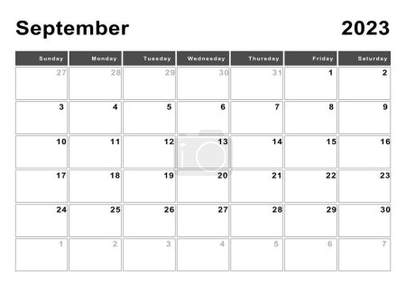 Téléchargez les photos : Septembre 2023 calendrier, début de semaine Dimanche, design moderne - en image libre de droit