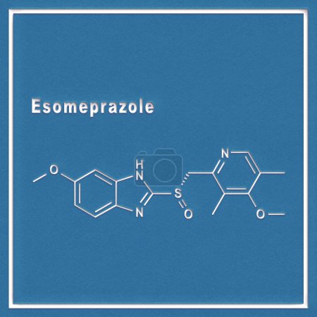 Téléchargez les photos : Esomeprazole, réduit l'acide gastrique Formule chimique structurelle sur fond blanc - en image libre de droit