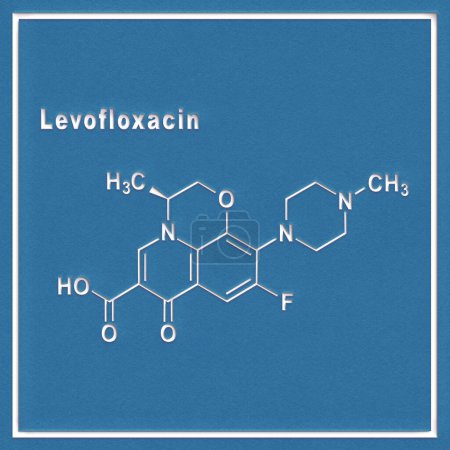 Téléchargez les photos : Médicament antibiotique lévofloxacine, formule chimique structurelle sur un backgroun blanc - en image libre de droit
