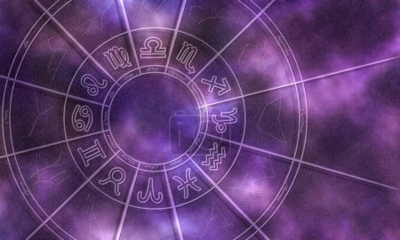 Photo for Astrology wheel, Horoscope Signs, Stars Night Sky - Royalty Free Image
