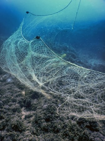Ein Fischernetz unter Wasser, das auf dem Meeresboden befestigt ist, tiefes Wasser
