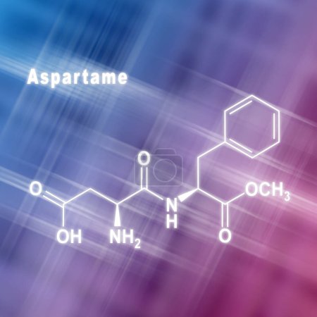 Foto de Edulcorante artificial de aspartamo, fórmula química estructural fondo rosa azul - Imagen libre de derechos