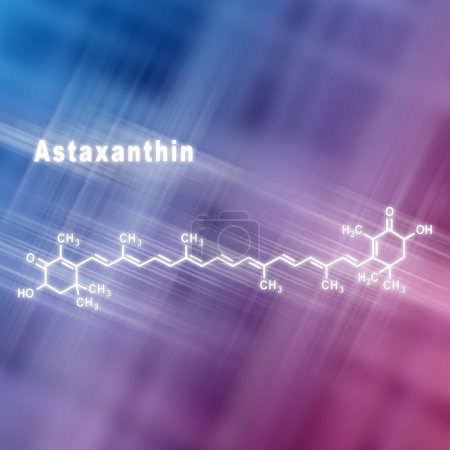 Foto de Astaxantina ceto-carotenoide, fórmula química estructural fondo rosa azul - Imagen libre de derechos