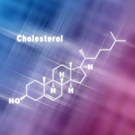 Photo for Cholesterol Hormone Structural chemical formula blue pink background - Royalty Free Image