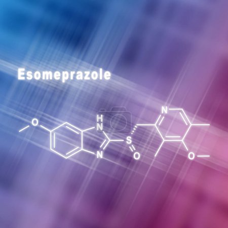 Téléchargez les photos : Esomeprazole, réduit l'acide gastrique Formule chimique structurelle fond bleu rose - en image libre de droit