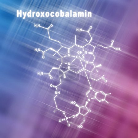 Photo for Hydroxocobalamin vitamin B12, Structural chemical formula blue pink background - Royalty Free Image