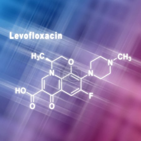 Téléchargez les photos : Médicament antibiotique lévofloxacine, Formule chimique structurelle fond bleu rose - en image libre de droit