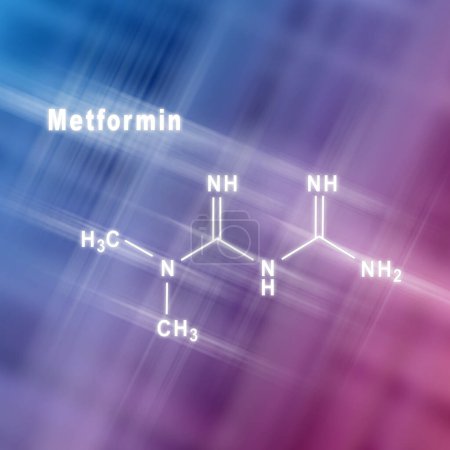 Photo for Metformin diabetes drug, Structural chemical formula blue pink background - Royalty Free Image