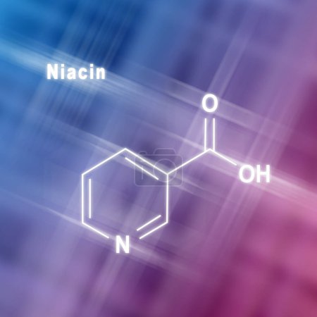 Molécule de niacine (acide nicotinique), vitamine B3 Formule chimique structurelle fond rose bleu