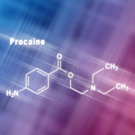 Foto de Procaine, droga anestésica, fórmula química estructural fondo rosa azul - Imagen libre de derechos