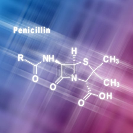 Foto de Penicilina, antibiótico, fórmula química estructural fondo rosa azul - Imagen libre de derechos