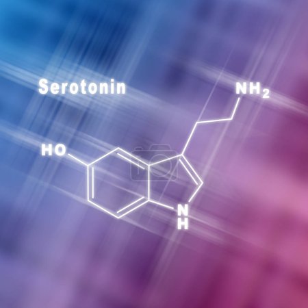 Foto de Hormona de serotonina Fórmula química estructural fondo rosa azul - Imagen libre de derechos