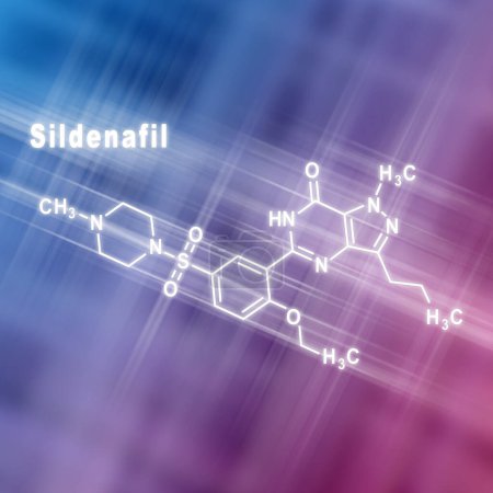 Photo for Sildenafil erectile dysfunction drug molecule Structural chemical formula blue pink background - Royalty Free Image