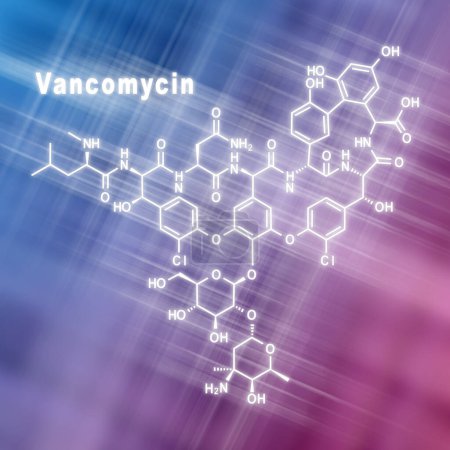 Téléchargez les photos : Molécule de vancomycine, antibiotique, structure chimique fond bleu rose - en image libre de droit