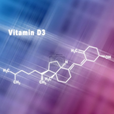 Téléchargez les photos : Vitamine D3, Formule chimique structurelle fond bleu rose - en image libre de droit