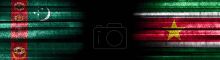 Photo for Turkmenistan and Suriname Flags on Black Background - Royalty Free Image