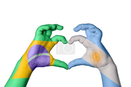 Photo for Brazil Argentina Heart, Hand gesture making heart, Clipping Path - Royalty Free Image