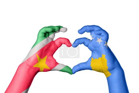 Photo for Suriname Kosovo Heart, Hand gesture making heart, Clipping Path - Royalty Free Image