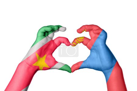 Photo for Suriname Mongolia Heart, Hand gesture making heart, Clipping Path - Royalty Free Image