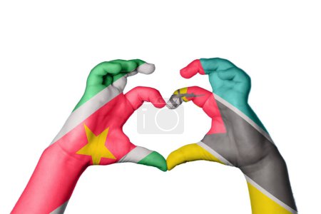 Photo for Suriname Mozambique Heart, Hand gesture making heart, Clipping Path - Royalty Free Image
