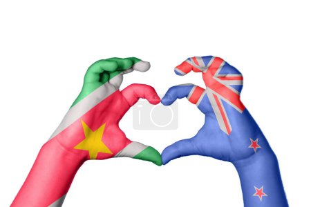Photo for Suriname New Zealand Heart, Hand gesture making heart, Clipping Path - Royalty Free Image