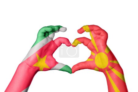 Photo for Suriname North Macedonia Heart, Hand gesture making heart, Clipping Path - Royalty Free Image