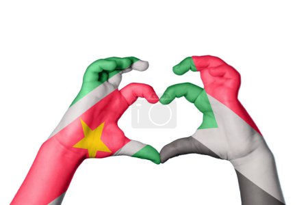 Photo for Suriname Sudan Heart, Hand gesture making heart, Clipping Path - Royalty Free Image
