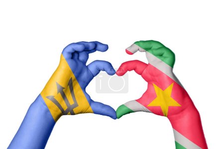 Photo for Barbados Suriname Heart, Hand gesture making heart, Clipping Path - Royalty Free Image
