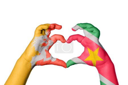 Photo for Bhutan Suriname Heart, Hand gesture making heart, Clipping Path - Royalty Free Image