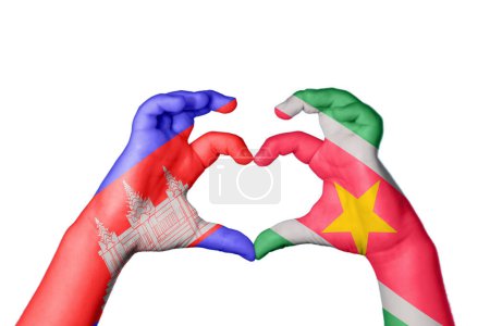 Photo for Cambodia Suriname Heart, Hand gesture making heart, Clipping Path - Royalty Free Image