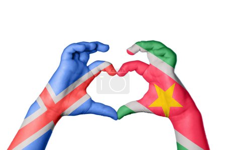 Photo for Iceland Suriname Heart, Hand gesture making heart, Clipping Path - Royalty Free Image