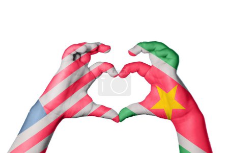 Photo for Liberia Suriname Heart, Hand gesture making heart, Clipping Path - Royalty Free Image