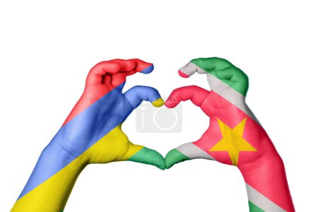 Photo for Mauritius Suriname Heart, Hand gesture making heart, Clipping Path - Royalty Free Image
