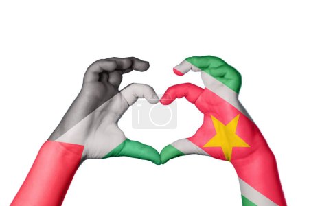 Photo for Palestine Suriname Heart, Hand gesture making heart, Clipping Path - Royalty Free Image