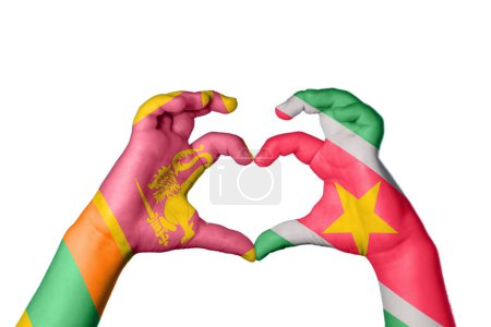 Photo for Sri Lanka Suriname Heart, Hand gesture making heart, Clipping Path - Royalty Free Image