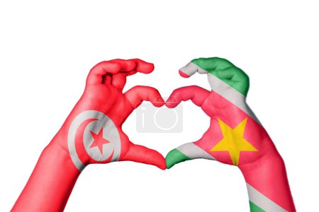 Photo for Tunisia Suriname Heart, Hand gesture making heart, Clipping Path - Royalty Free Image