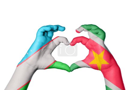 Photo for Uzbekistan Suriname Heart, Hand gesture making heart, Clipping Path - Royalty Free Image