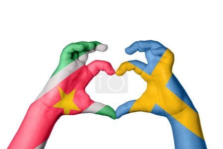 Photo for Suriname Sweden Heart, Hand gesture making heart, Clipping Path - Royalty Free Image