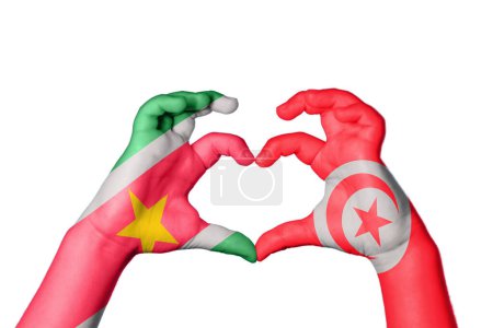 Photo for Suriname Tunisia Heart, Hand gesture making heart, Clipping Path - Royalty Free Image