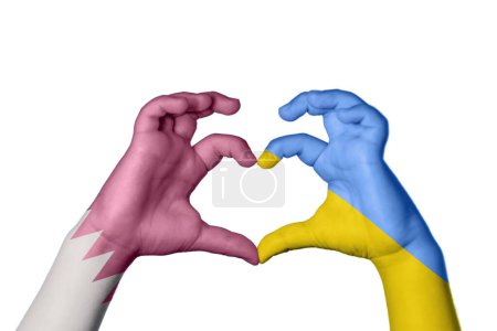 Photo for Qatar Ukraine Heart, Hand gesture making heart, Clipping Path - Royalty Free Image