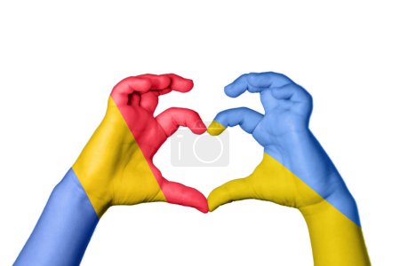 Photo for Romania Ukraine Heart, Hand gesture making heart, Clipping Path - Royalty Free Image