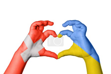Photo for Switzerland Ukraine Heart, Hand gesture making heart, Clipping Path - Royalty Free Image